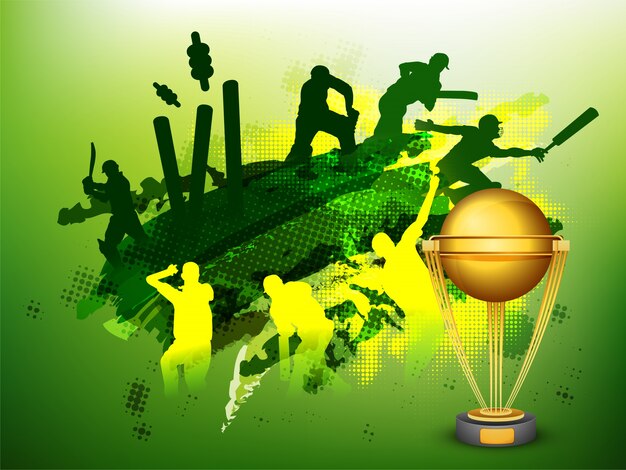 Green Cricket Sports background avec illustration de joueurs et coupe de trophée dorée.