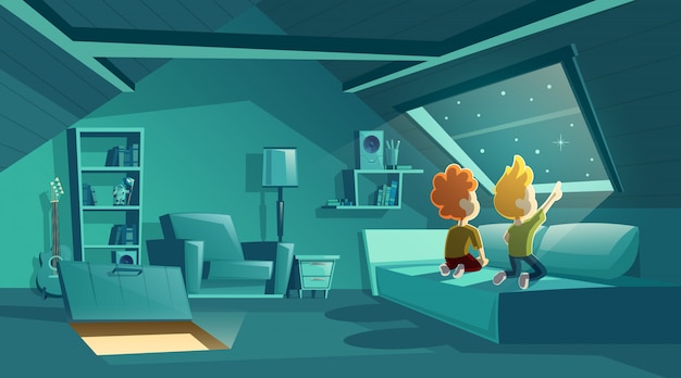 grenier intérieur la nuit avec deux enfants à la recherche d&#39;étoiles, salle de bande dessinée avec des meubles