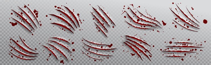 Vecteur gratuit griffe de tigre égratignure avec attaque vectorielle de goutte de sang marque de papier déchiré d'ours avec clou sur fond rouge patte de chat sauvage effrayant avec dommages aux ongles et surface de forme déchiquetée isolée ensemble de traces transparentes 3d