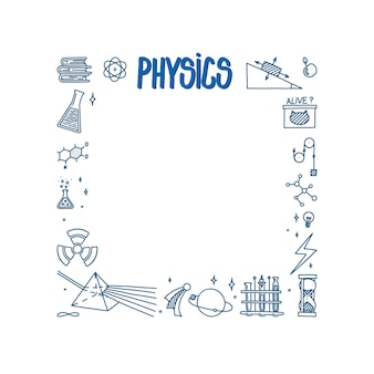 Griffonnage de physique avec atome de livres de prisme léger et différentes expériences cadre carré avec la science