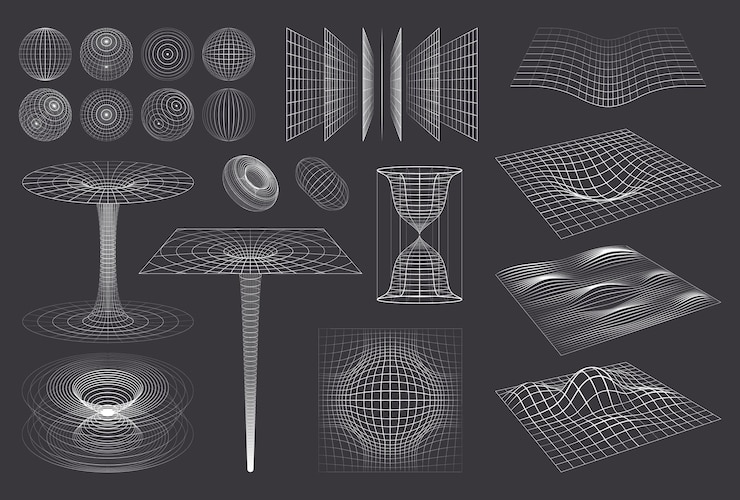 Vecteur gratuit grille de formes 3d sertie d'images monochromes isolées de sphères filaires courbes vortex et vagues encombrantes illustration vectorielle
