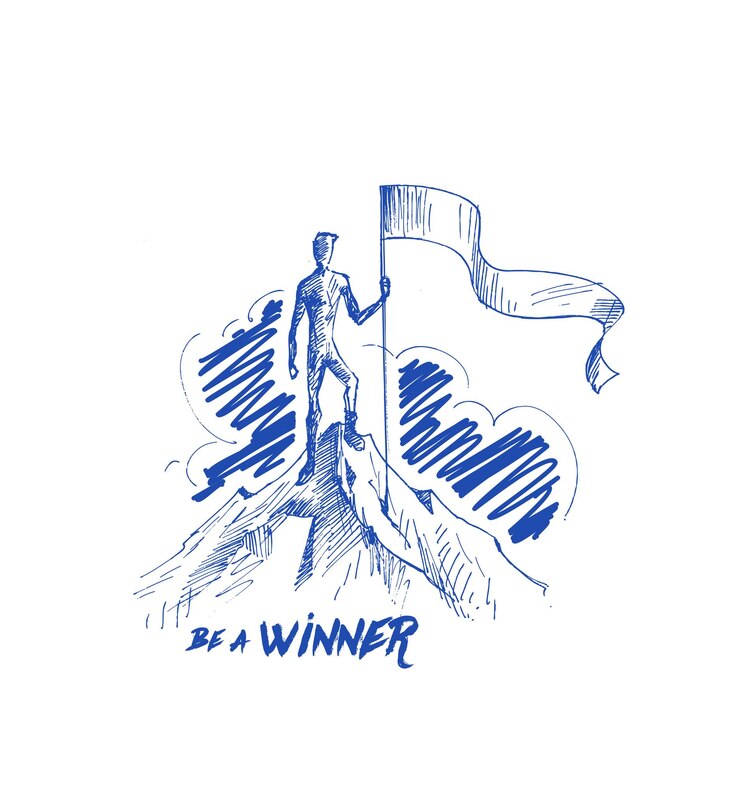 Vecteur gratuit grimpeur avec drapeau conquérant sommet de la montagne hand drawn vector background