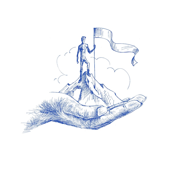 Vecteur gratuit grimpeur avec drapeau conquérant le sommet de la montagne à portée de main