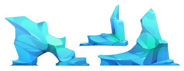Vecteur gratuit gros morceaux et morceaux d'icebergs pics de glaciers bleus avec arc pour le paysage polaire nord ou antarctique ensemble d'illustrations vectorielles de dessins animés de montagnes de glace et de roches flottant et dérivant dans la mer ou l'océan
