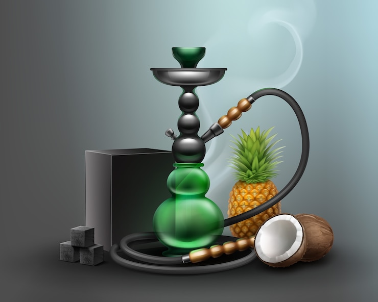 Vecteur gratuit gros narguilé de vecteur pour fumer du tabac en métal et verre vert avec long tuyau de narguilé, charbon de bois. ananas et noix de coco sur fond sombre