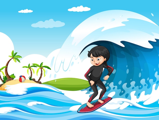 Grosse Vague Dans La Scène De L'océan Avec Une Fille Debout Sur Une Planche De Surf