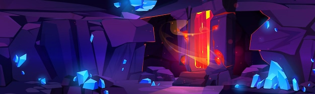 Vecteur gratuit grotte de dessin animé avec des cristaux bleus sur les murs en pierre illustration vectorielle de la mine souterraine brouillard orange brillant dans la porte de l'arche étrange lieu hanté plein de trésors pierres précieuses fond de jeu d'aventure