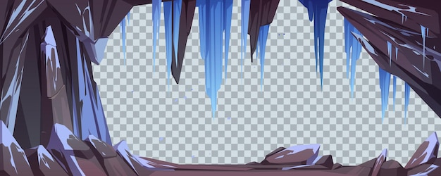 Vecteur gratuit grotte de montagne ou arche de pierre avec neige et glaçons isolés sur fond transparent. modèle vectoriel avec cadre en pierre de dessin animé, caverne ou mine dans des roches avec des cristaux de glace suspendus