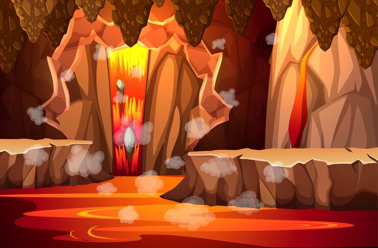 Vecteur gratuit grotte sombre infernale avec scène de lave