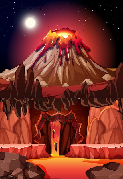 Vecteur gratuit grotte sombre infernale avec scène de lave