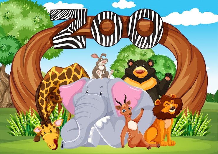 Vecteur gratuit groupe d'animaux sur du panneau d'entrée du zoo
