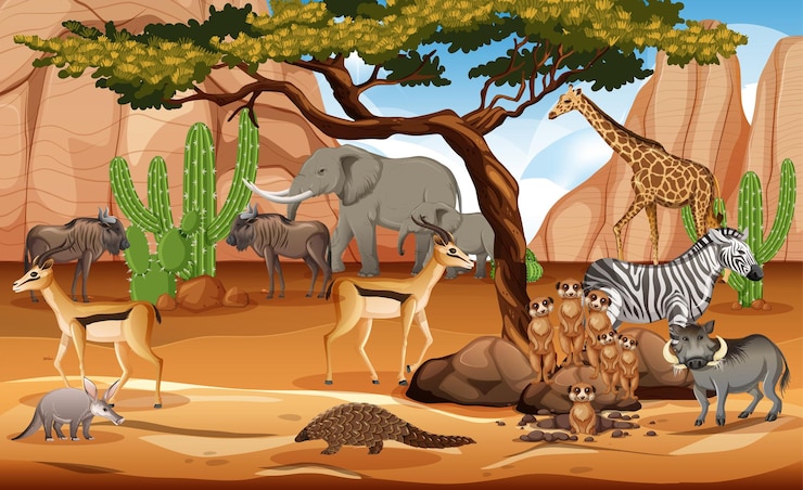 Vecteur gratuit groupe d'animaux sauvages d'afrique dans la scène forestière