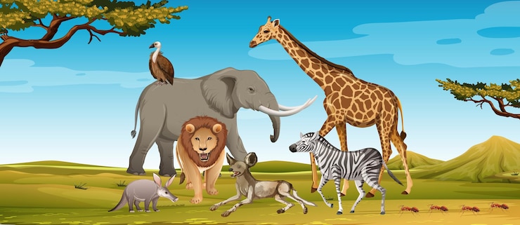 Vecteur gratuit groupe d'animaux sauvages d'afrique dans la scène forestière