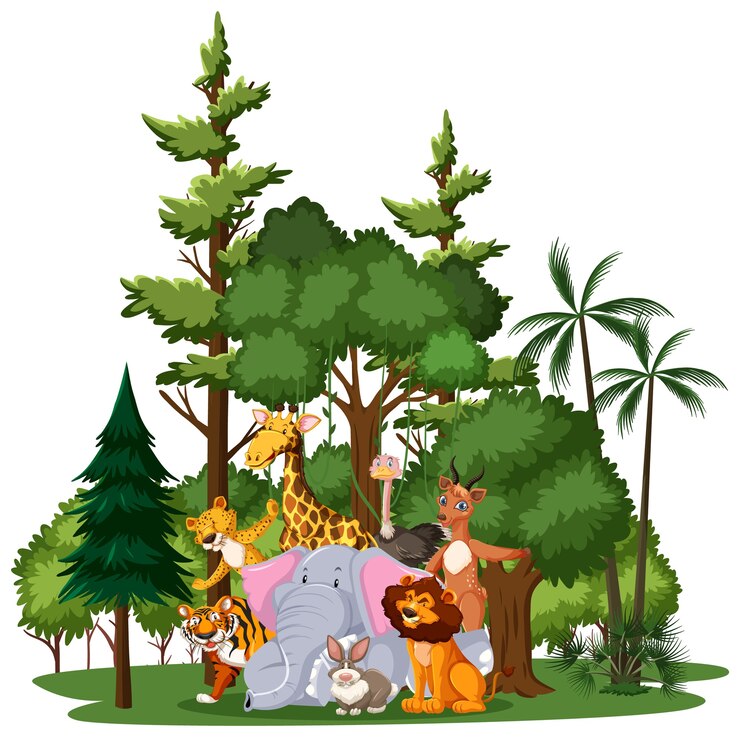 Vecteur gratuit groupe d'animaux sauvages ou zoo avec des éléments de la nature sur fond blanc