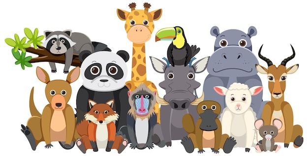 Vecteur gratuit groupe d'animaux de zoo en style cartoon plat