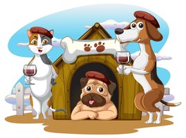Un groupe de chien et chat domestique de dessin animé