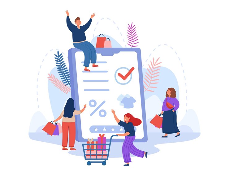 Vecteur gratuit groupe de clients faisant leurs achats dans une boutique en ligne et une énorme tablette. vente à la boutique internet, acheteur avec des achats dans l'illustration plate du panier