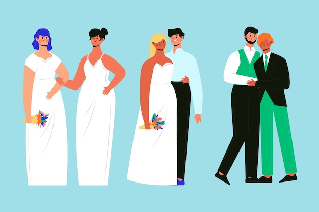 Vecteur gratuit groupe de couples de mariage dessinés à la main