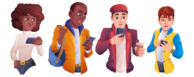 Groupe De Dessin Animé De Personnes Utilisant Un Smartphone. Hommes Et Femmes De Différentes Nationalités Tenant Un Téléphone Portable Et Discutant, Tapant Des Messages. Jeunes Personnages à La Recherche De Gadgets. Concept De Communication En Ligne.