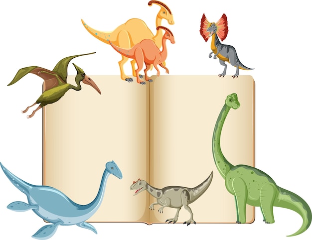 Vecteur gratuit groupe de dinosaures autour de livre sur fond blanc