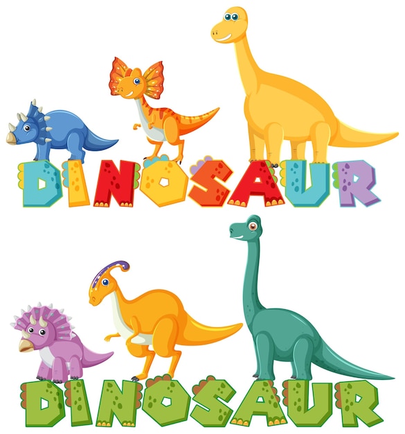 Vecteur gratuit groupe de dinosaures mignons avec logo de mot dinosaure