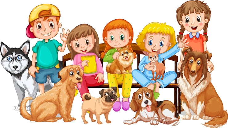 Vecteur gratuit groupe d'enfants avec leurs chiens