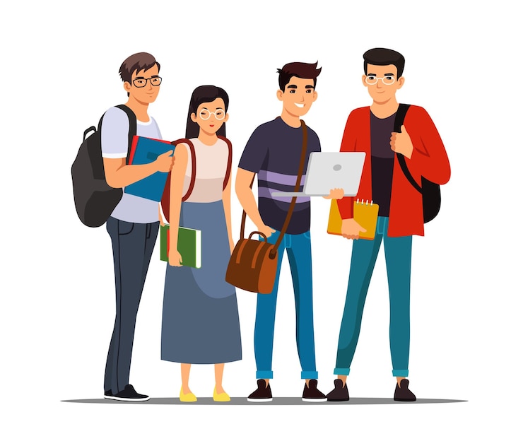 Vecteur gratuit groupe d'étudiants collégiaux ou universitaires jeunes gens heureux debout isolés sur fond blanc