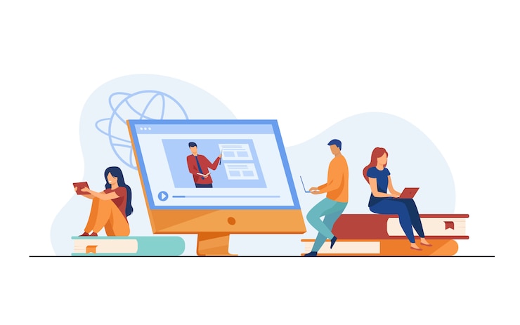 Vecteur gratuit groupe d'étudiants regardant un webinaire en ligne