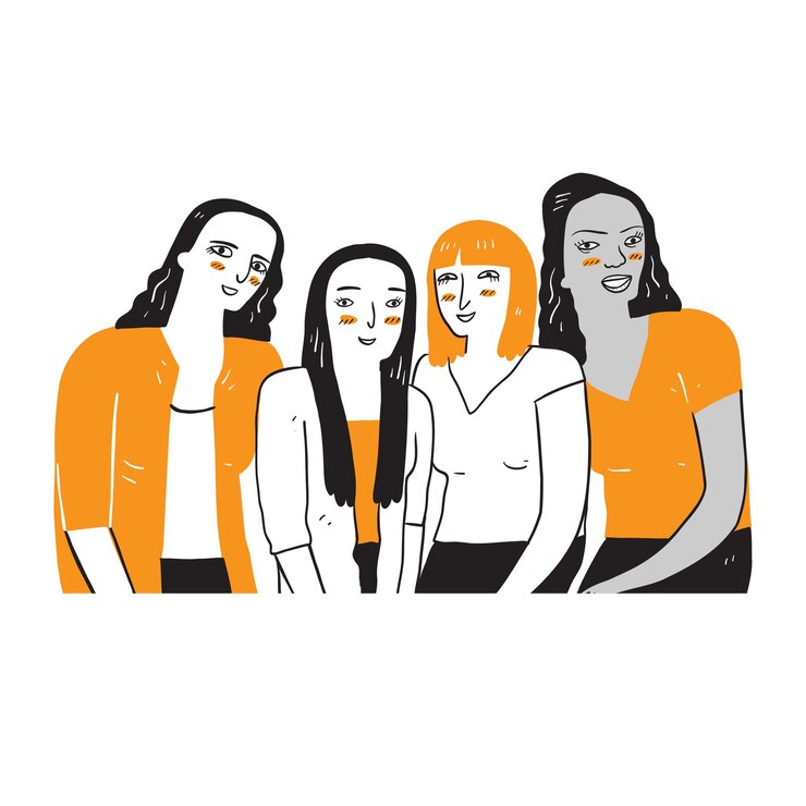 Un groupe de femmes de différentes ethnies et cultures. Dessin d'illustration dans un style linéaire