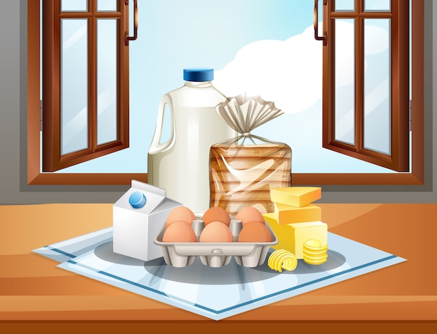Vecteur gratuit groupe d'ingrédients de cuisson tels que le beurre de lait et les œufs sur fond de fenêtre