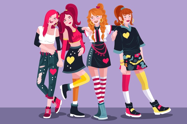 Vecteur gratuit groupe de jeunes filles k-pop