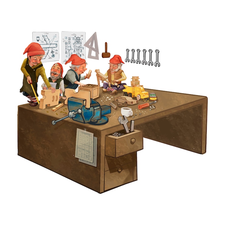 Vecteur gratuit groupe de lutins travaillant dans un atelier du père noël