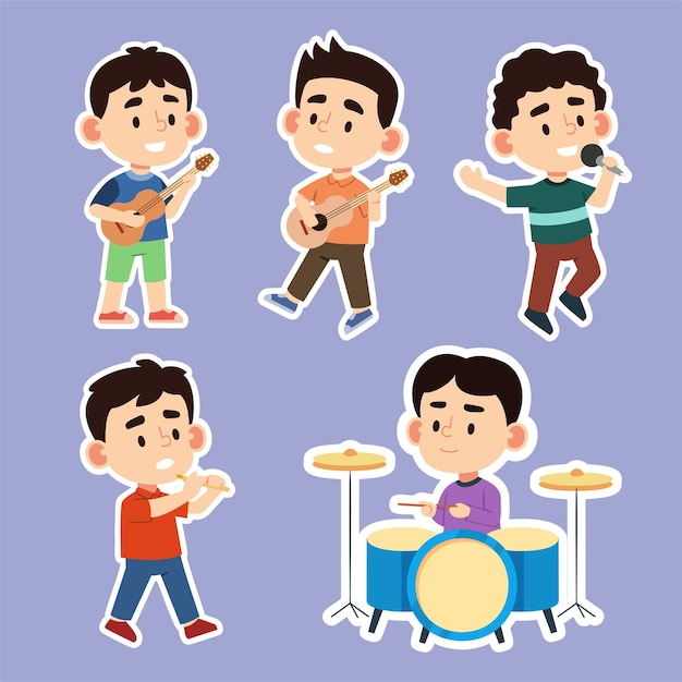 Vecteur gratuit groupe de musiciens jouant avec un instrument de musique avec un personnage de dessin animé de chanteur