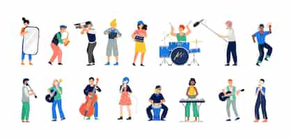 Vecteur gratuit groupe de musique serti de personnages humains plats de musiciens instrumentaux chanteurs et membres de l'équipe de tournage vidéo illustration vectorielle