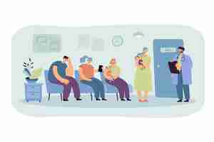 Vecteur gratuit groupe de patients attendant leur tour au bureau du médecin dans le couloir de la clinique. illustration de bande dessinée