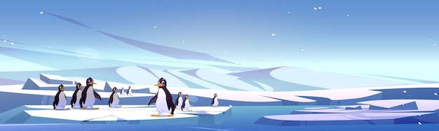 Vecteur gratuit groupe de pingouins debout sur le paysage de glace illustration vectorielle d'oiseaux mignons flottant sur une grande banquise sur fond avec des tas de neige et de l'eau froide de l'océan faune de l'hémisphère sud