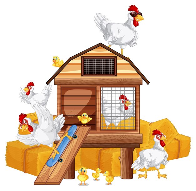 Groupe de poulets avec poulailler