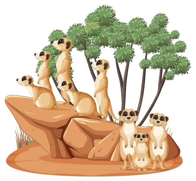 Vecteur gratuit groupe de suricates en style cartoon