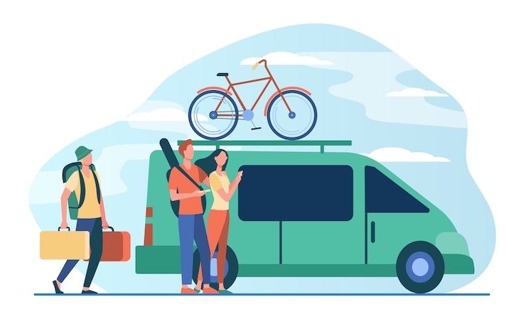 Vecteur gratuit groupe de touristes actifs réunis au véhicule. minivan avec vélo sur le dessus en mouvement plat illustration