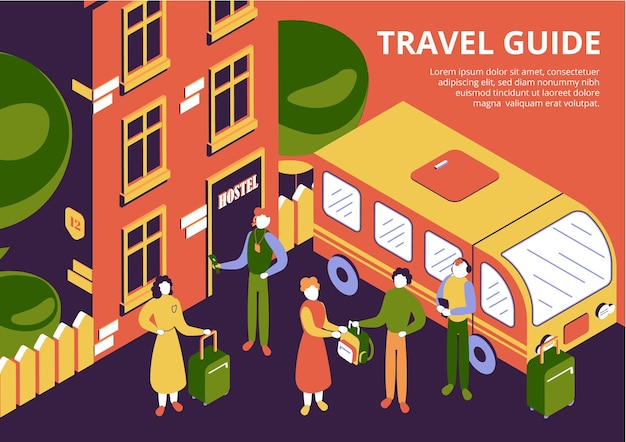 Vecteur gratuit groupe de touristes avec bagages et guide de voyage arrivant à l'auberge illustration isométrique 3d