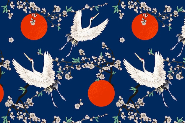 Vecteur gratuit grue japonaise traditionnelle avec fleur de prunier, remix d'œuvres d'art de watanabe seitei