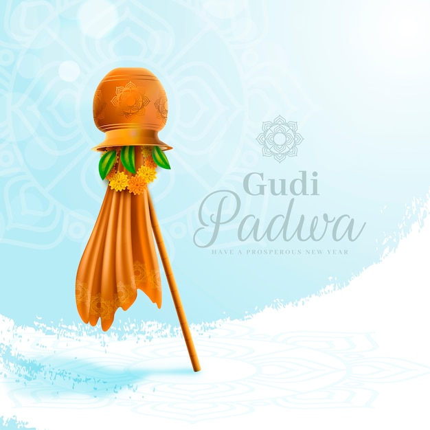 Gudi padwa réaliste avec drapeau et ciel clair