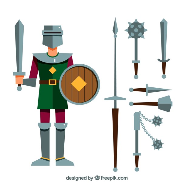 Guerrier médiéval avec variété d&#39;armes