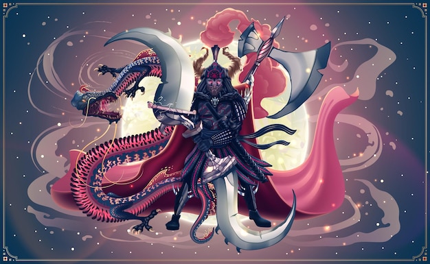 Guerrier samouraï japonais fantastique avec grande épée et bataille de dragon ou de serpent sur la lune