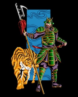 Guerrier samouraï avec tigre japonais