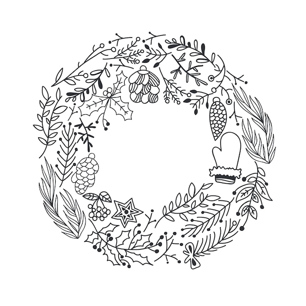 Guirlande ronde de Noël dessinés à la main avec des branches d'arbres cônes de baies de houx étoile et illustration de mitaine
