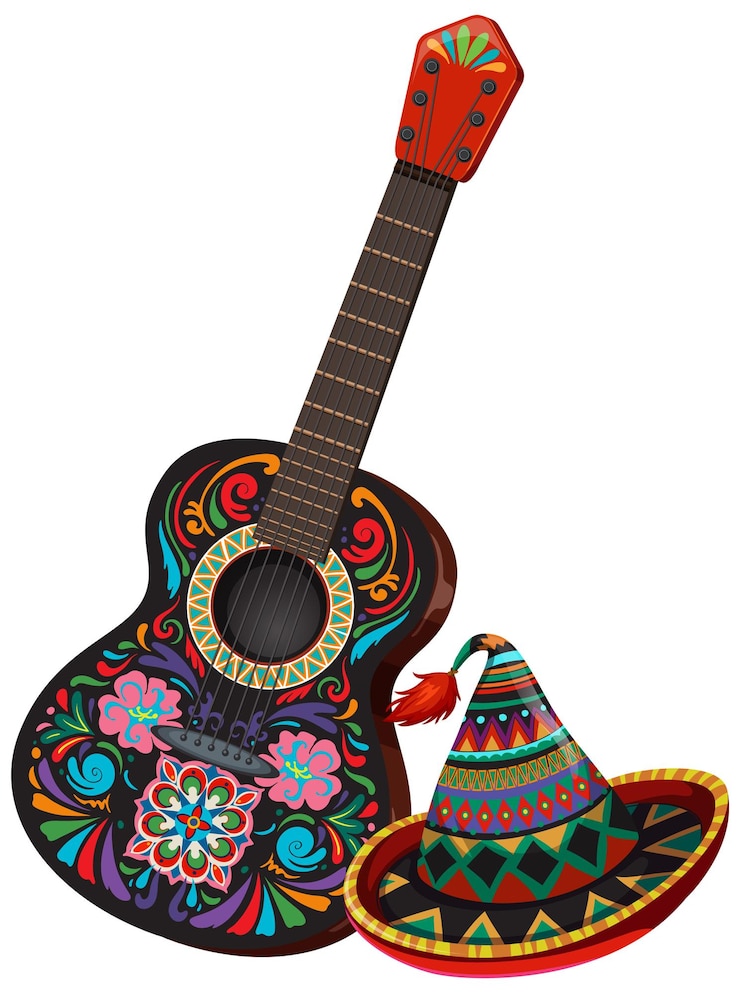 Vecteur gratuit la guitare et le sombrero mexicains colorés