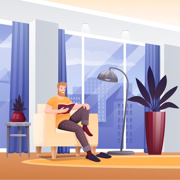 Guy se détendre dans un salon moderne Homme lisant un livre dans un fauteuil