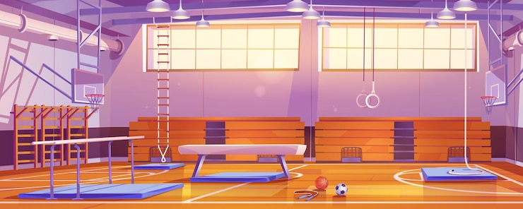 Vecteur gratuit gymnase de l'école avec des balles d'équipement de sport