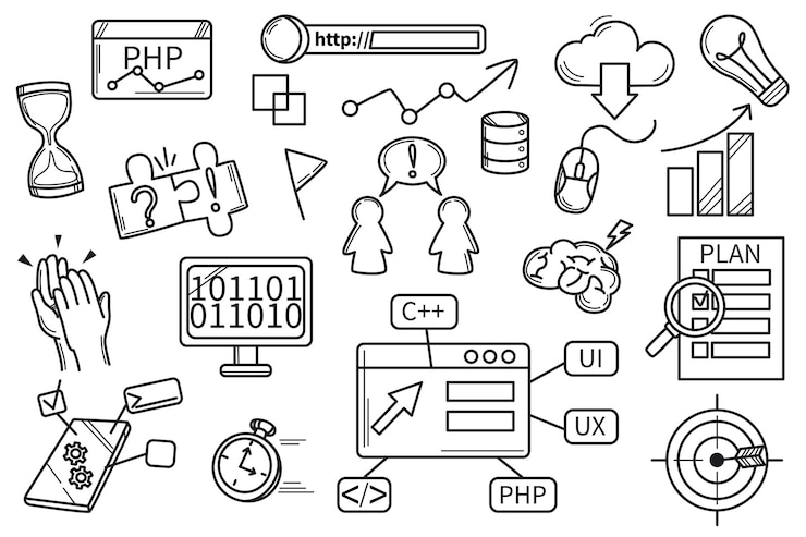 Vecteur gratuit hackathon doodle set icônes dessinées à la main collection d'idées de brainstorming et de génération de programmation deve